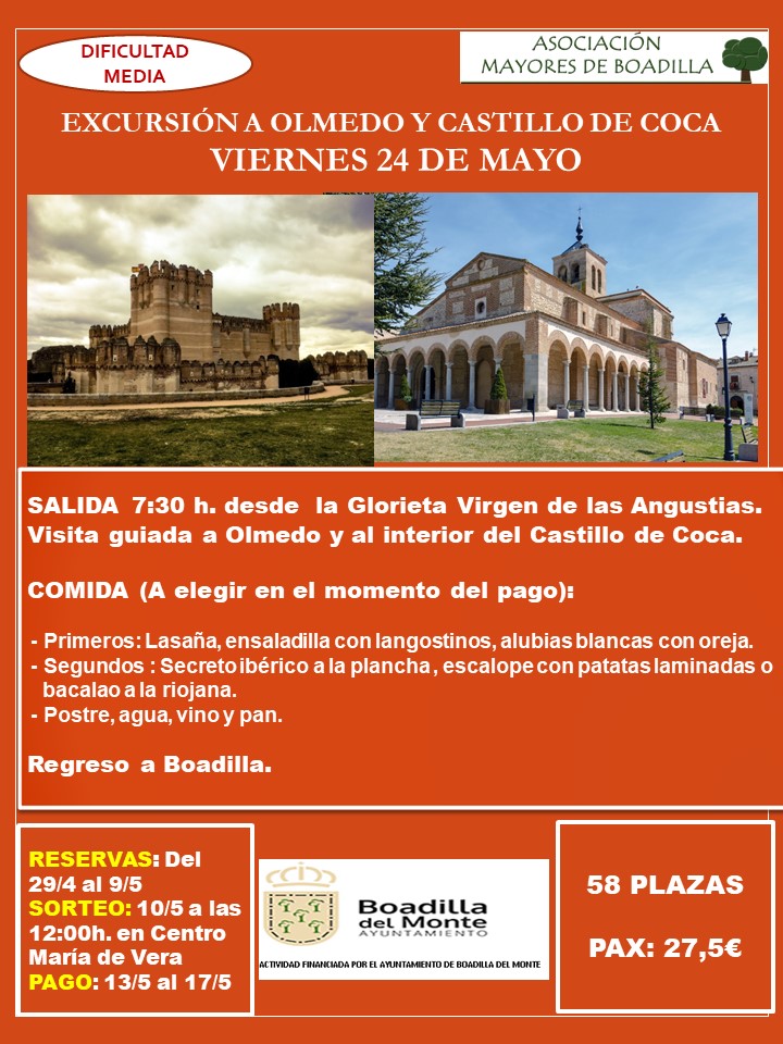 EXC. OLMEDO Y CASTILLO DE COCA (VIERNES 24 MAYO 2024.  SALIDA A LAS 7:30 h)